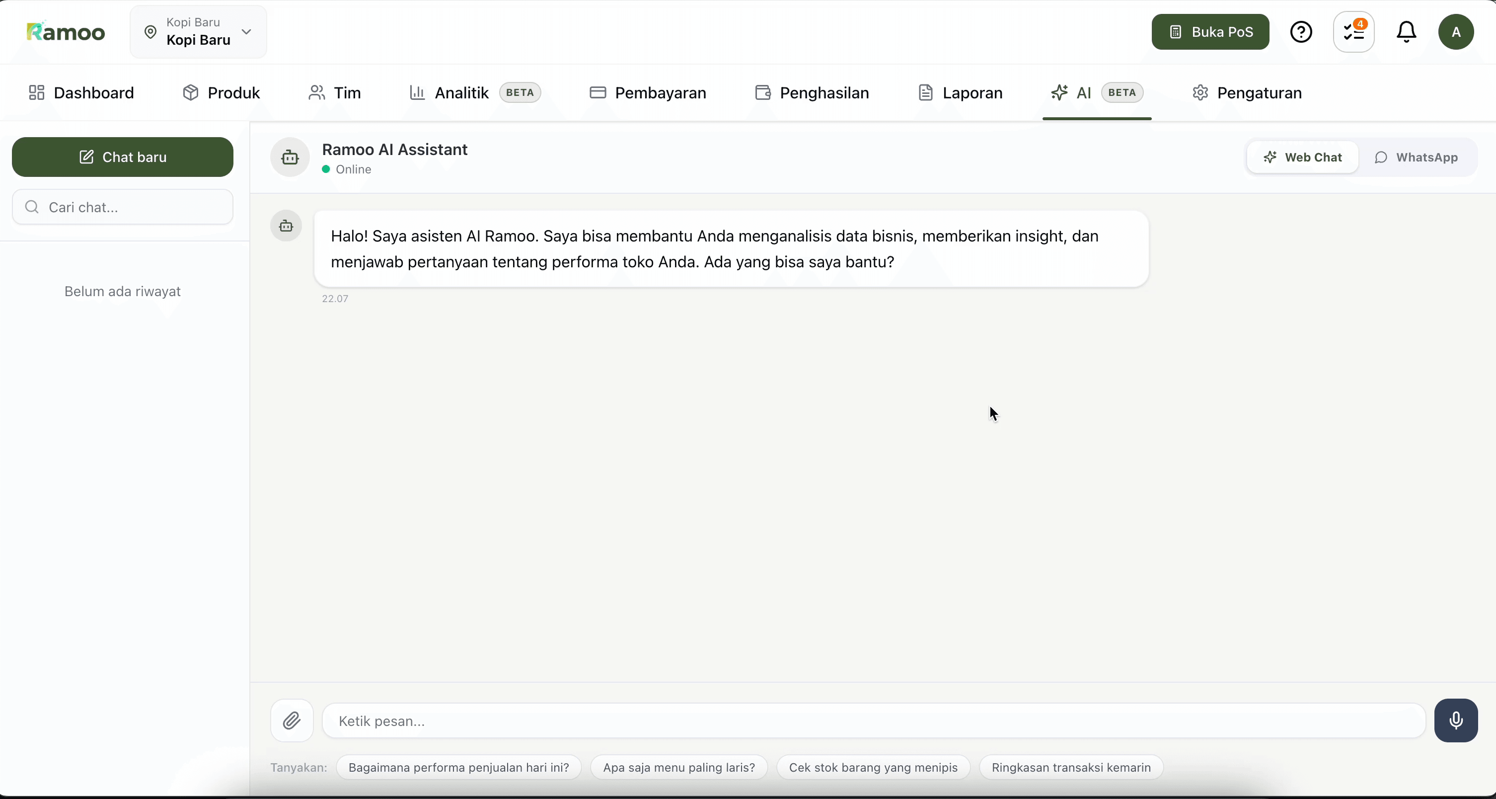 Tampilan Menu AI di Dashboard